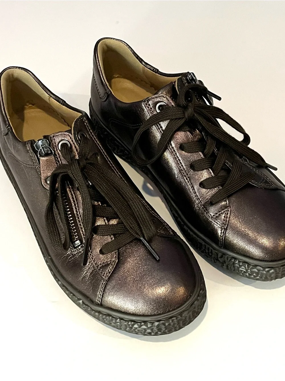 Hartjes Phil Black Metallic Bronze Leather Zip Sneakers Shoes Women US 7 UK 4.5